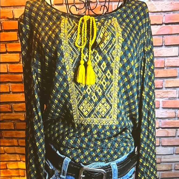 Sacred Threads Tops - 👚 Sacred Threads – Boho Pattern – Blue-Green/Gold – OS (Fits S–L)